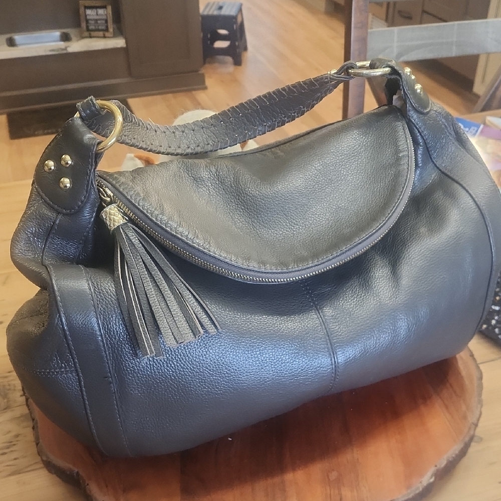 Elegant Gray Leather Hobo Bag